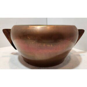 Vintage Round Art Deco Copper Pot With 2 Wooden Handles